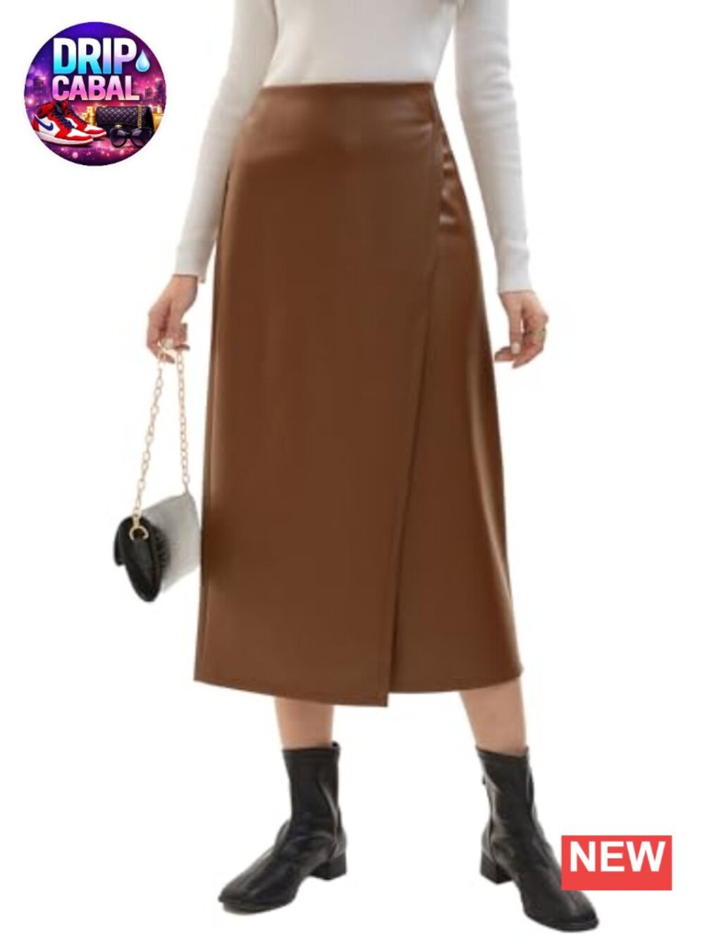 Women's Faux Leather Midi Skirt High Waist Slit Pencil Bodycon
